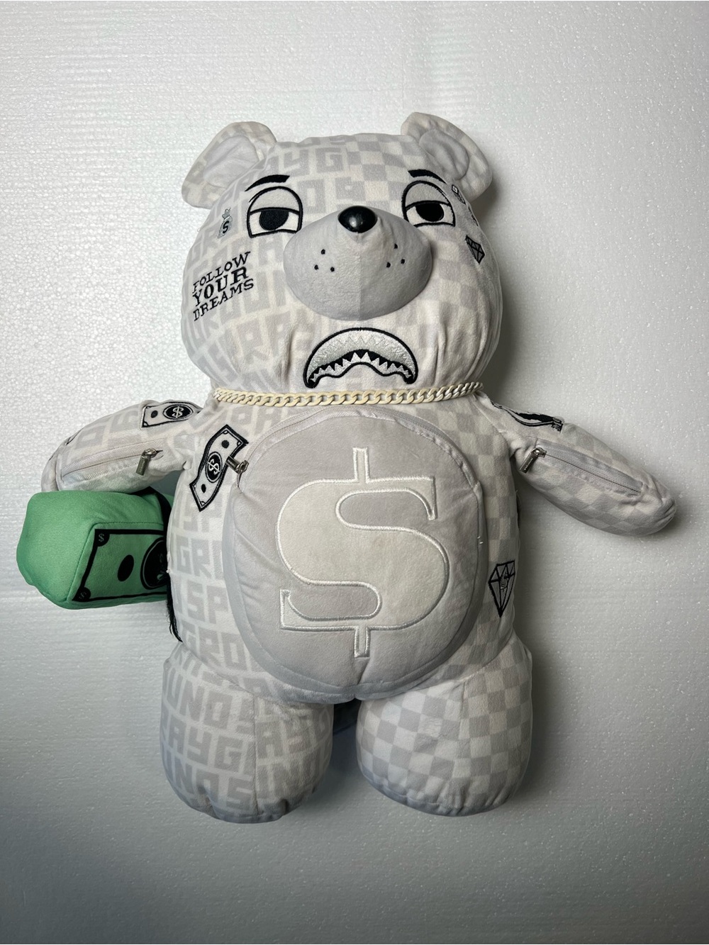 Sprayground White & Light Gray Bear Backpack with Mint Accent